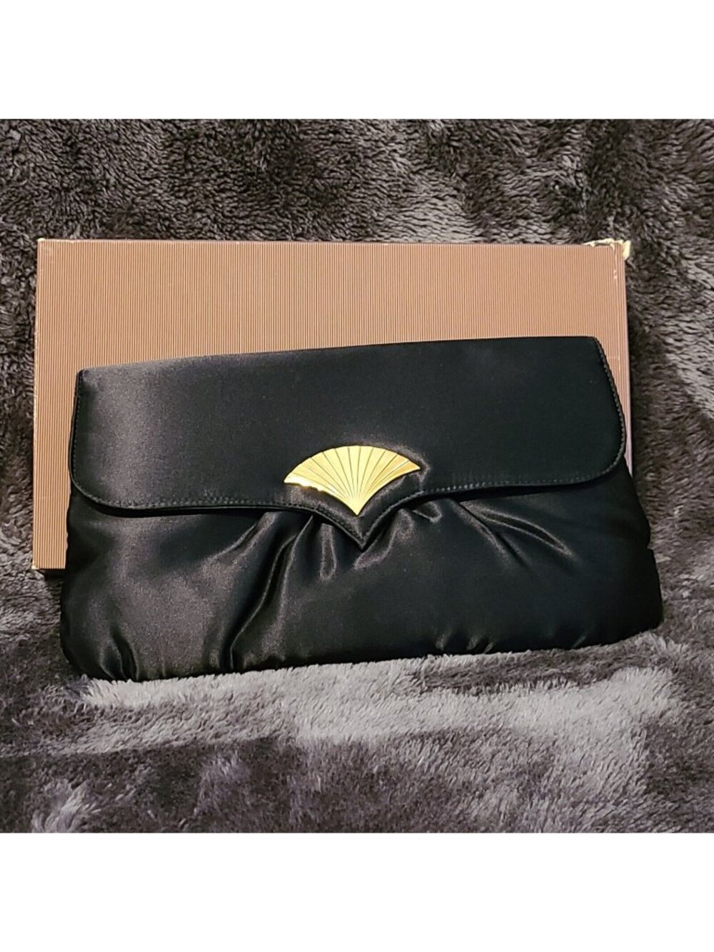 Vintage Avon Black Satin Evening Bag Clutch Crossbody Purse With Gold Accent Fro